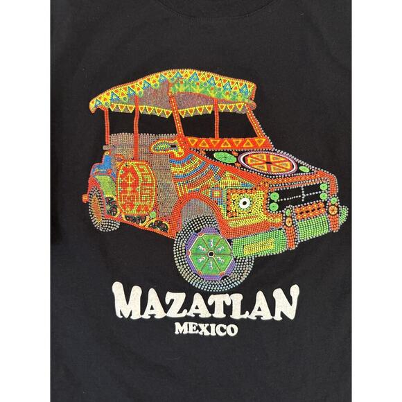 Mazatlan Mexico Shirt Mens XL Black Huichol Art Pulmonia Taxi Beaded Graphic Tee - Picture 2 of 4